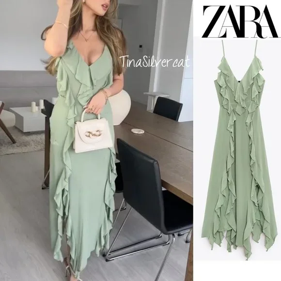 BLOGGER'S FAVE! Zara Long Ruffled Dress Sea Green NWT - Picture 6 of 17